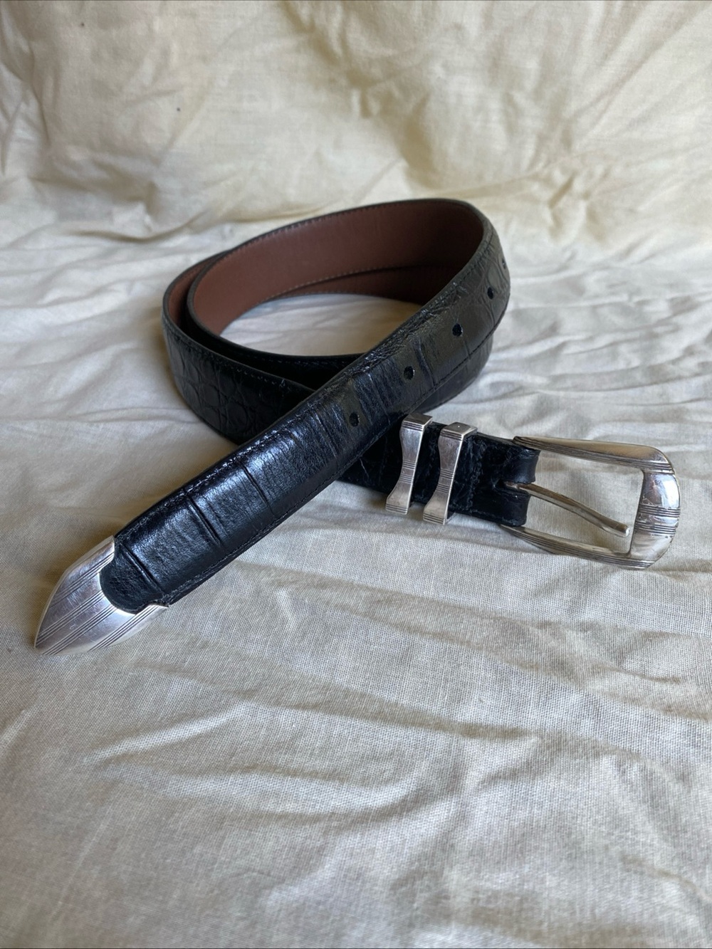 Vtg OYNX by Brighton Black Croc Embossed Full Grain Leather Belt Men's 36 Black